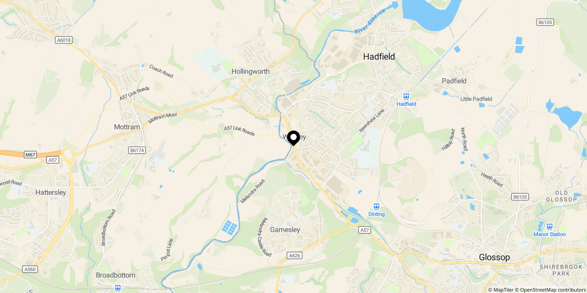 Approximate location of Woolley Bridge, Glossop SK13 2NX