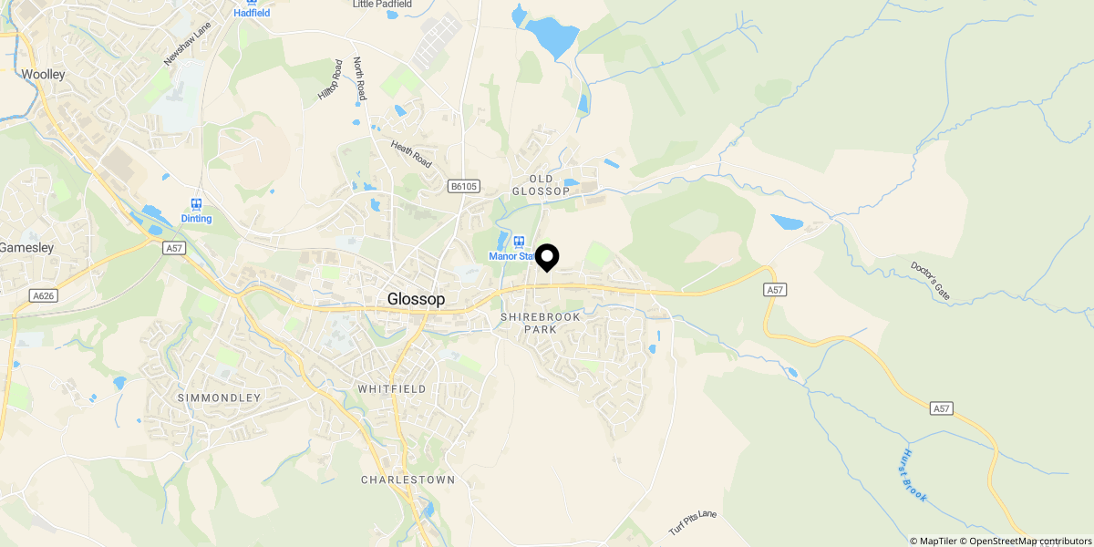 Approximate location of High Street East, Glossop, SK13 8QF