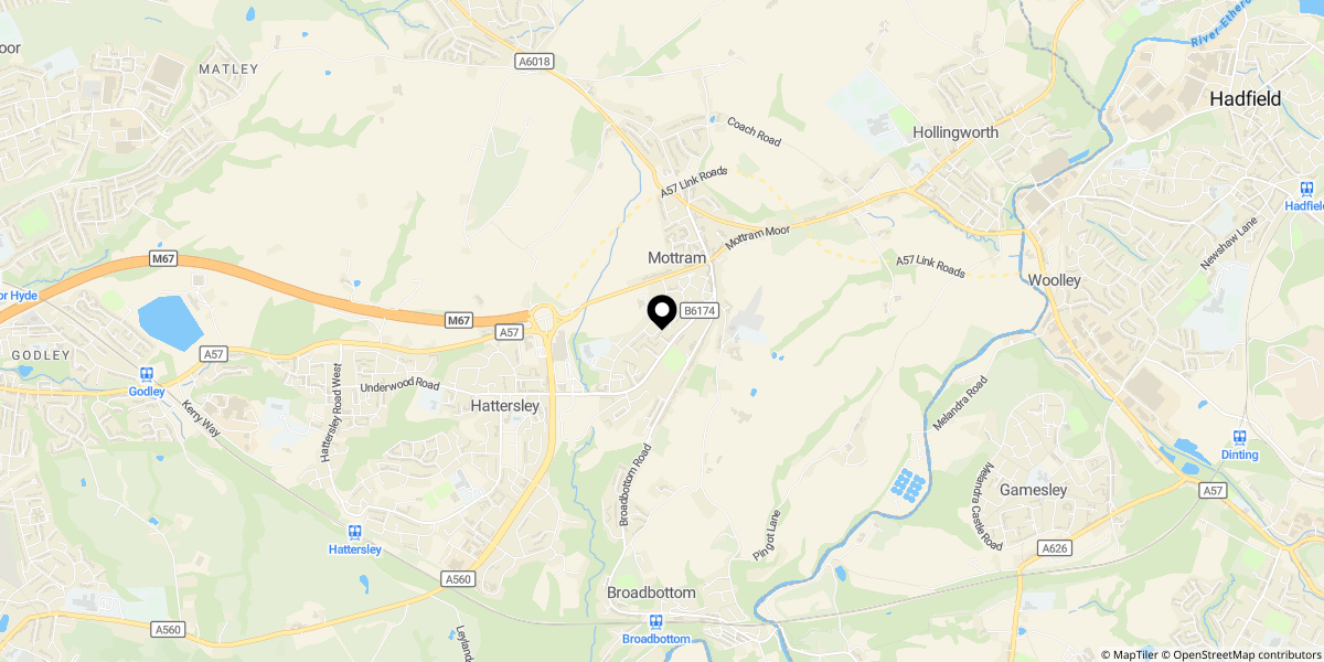 Approximate location of Broadbottom Road, Mottram, SK14 6JA