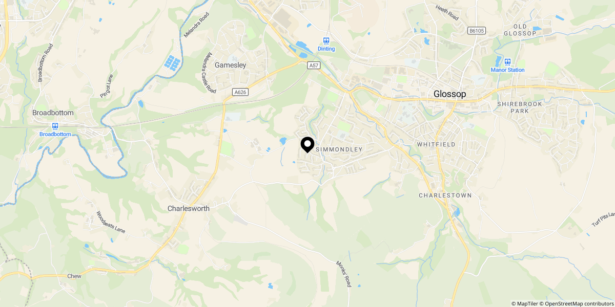 Approximate location of Hunters Lane, Simmondley, Glossop, SK13 6XX