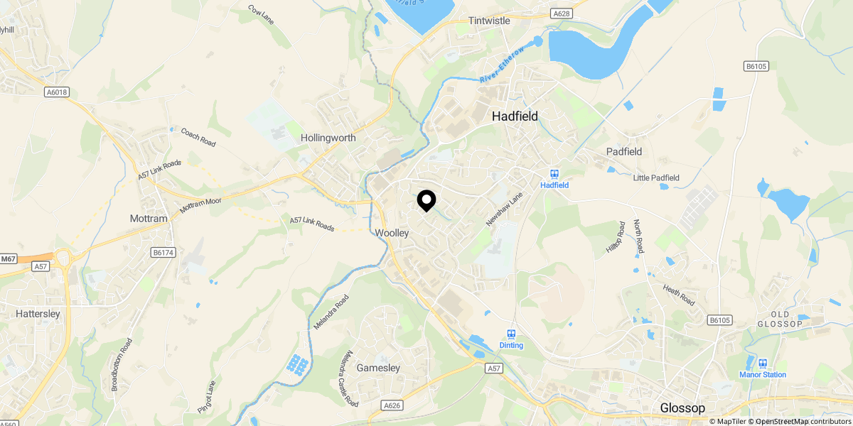 Approximate location of Ridge Close, Hadfield, Glossop, SK13 2EA