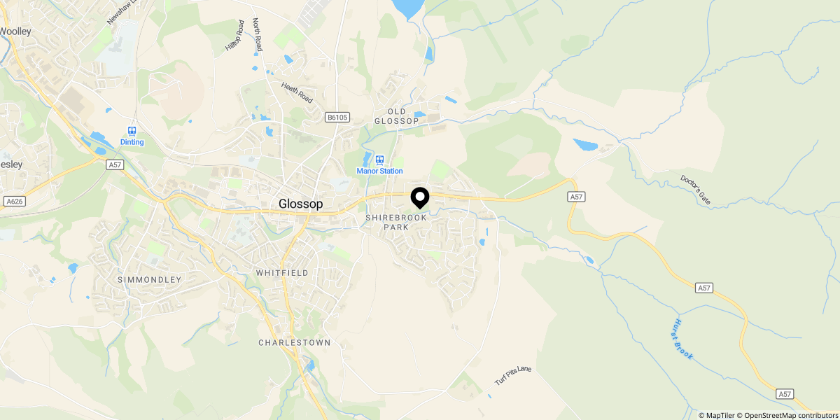 Approximate location of Cowbrook Avenue, Glossop, SK13 8QT