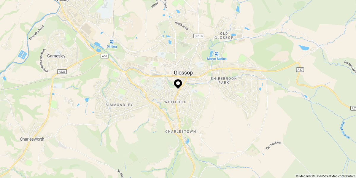 Approximate location of St. Marys Road, Glossop, SK13 8JB