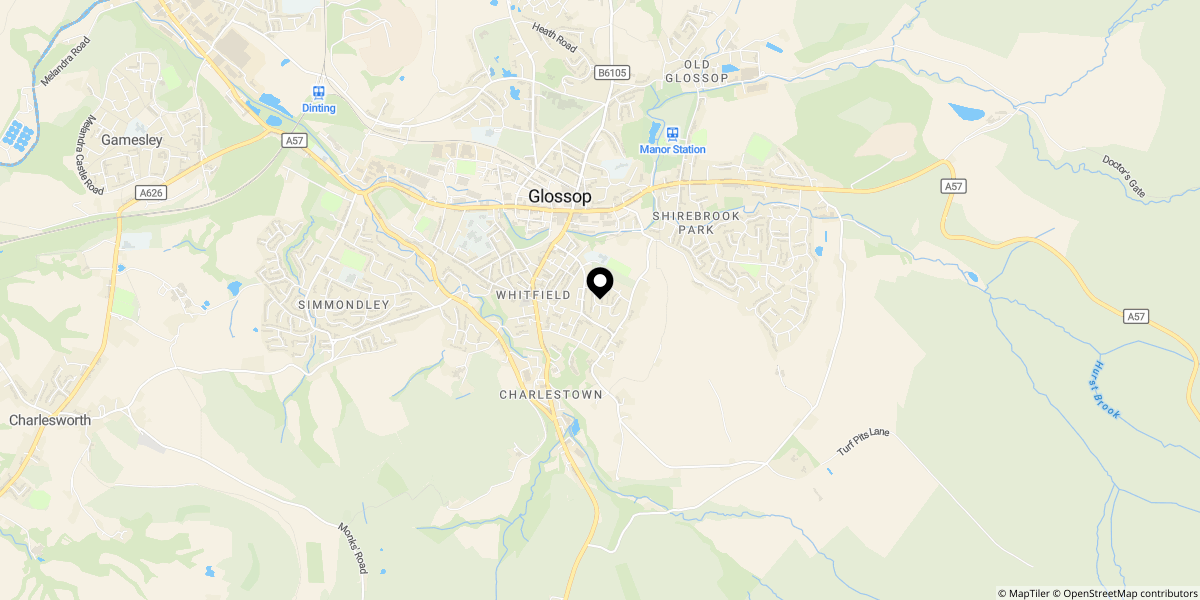 Approximate location of Gladstone Street, GLOSSOP, SK13 8NE