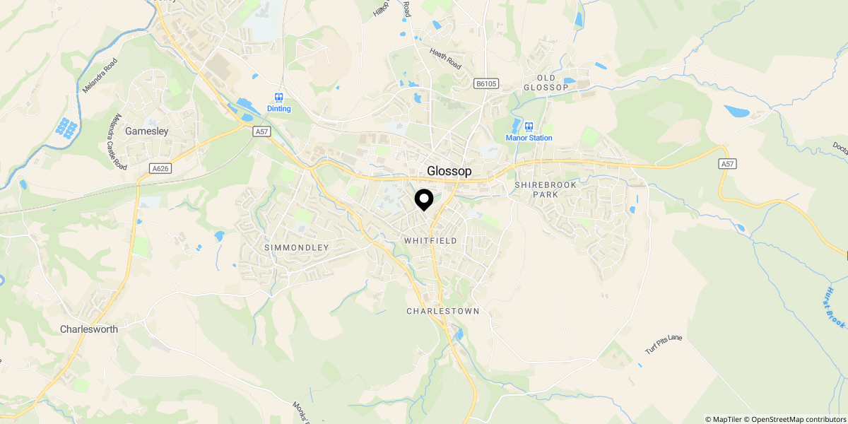Approximate location of John Street, Glossop, SK13 8DZ