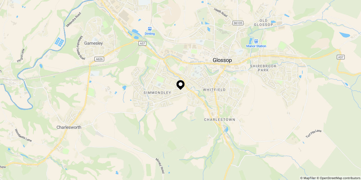 Approximate location of Primrose Lane, GLOSSOP, SK13 6LW