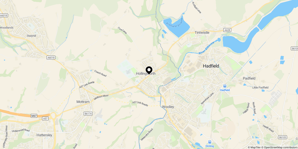 Approximate location of Highfield Gardens, Hollingworth, Hyde, SK14 8NF