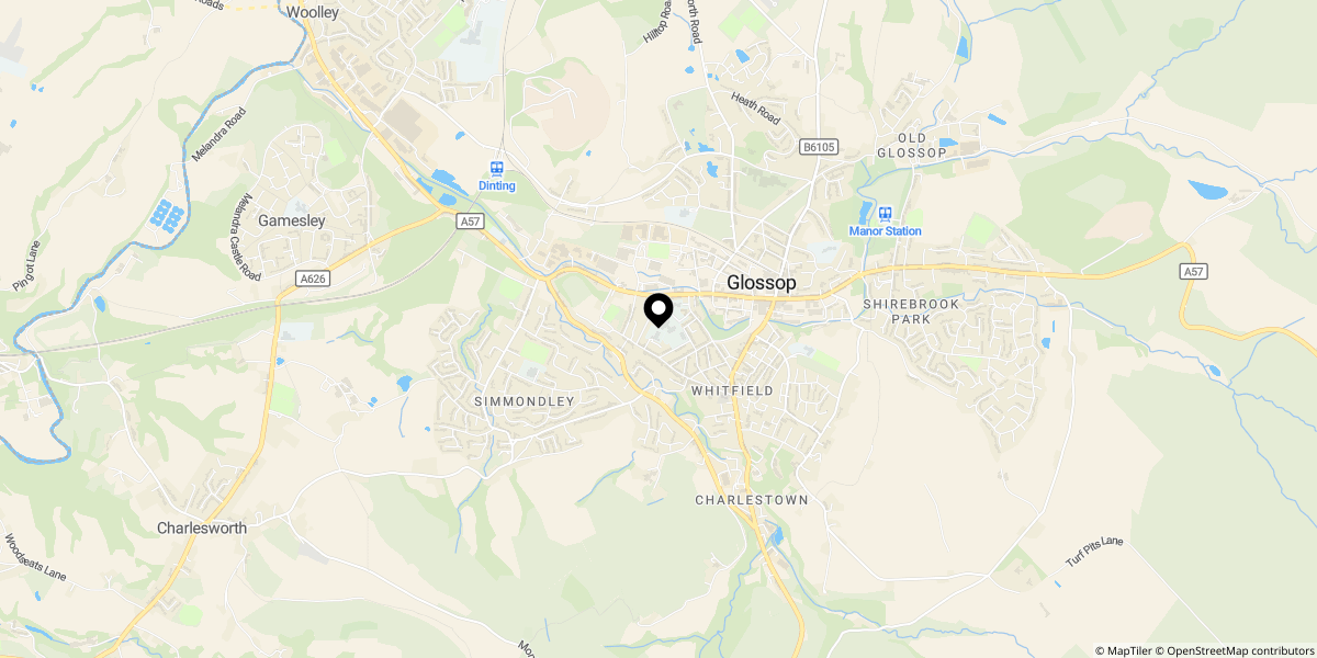 Approximate location of Pikes Lane, Glossop, SK13 8EA