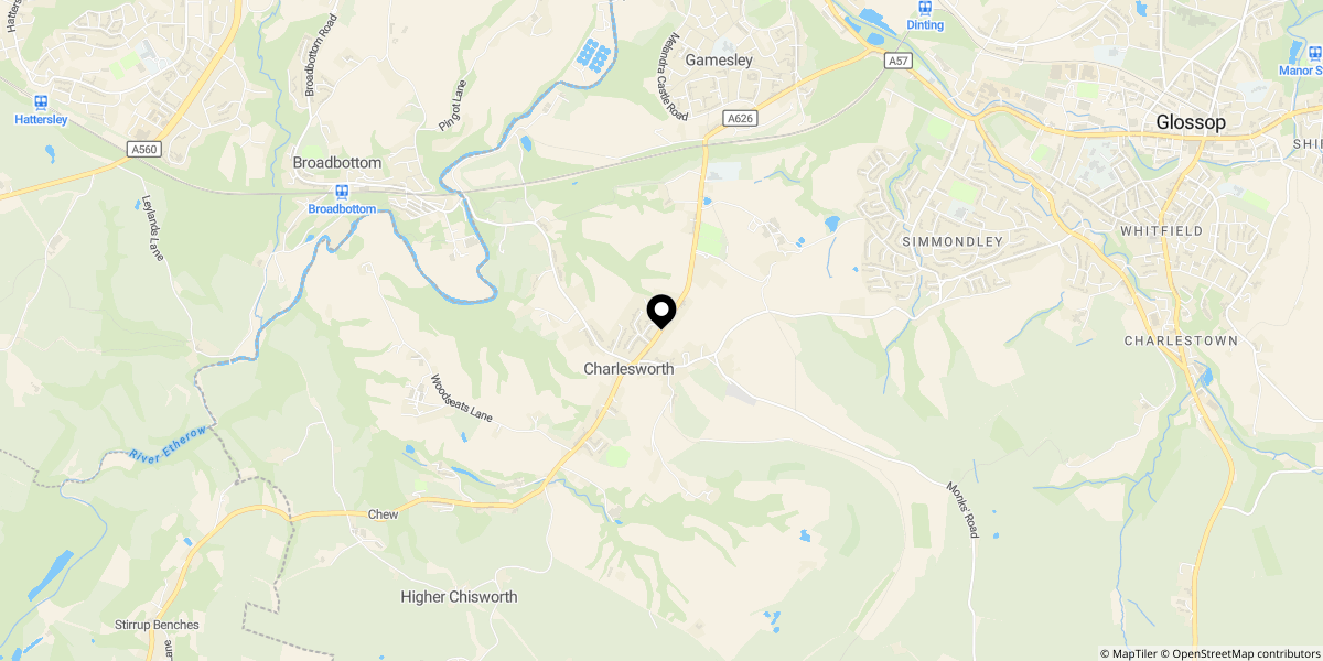 Approximate location of Glossop Road, Charlesworth, SK13 5HB