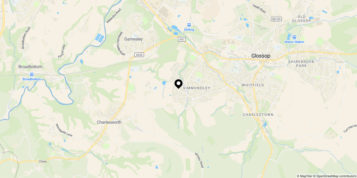 Approximate location of Kingfisher Way, Simmondley, Glossop, Derbyshire, SK13 6QA