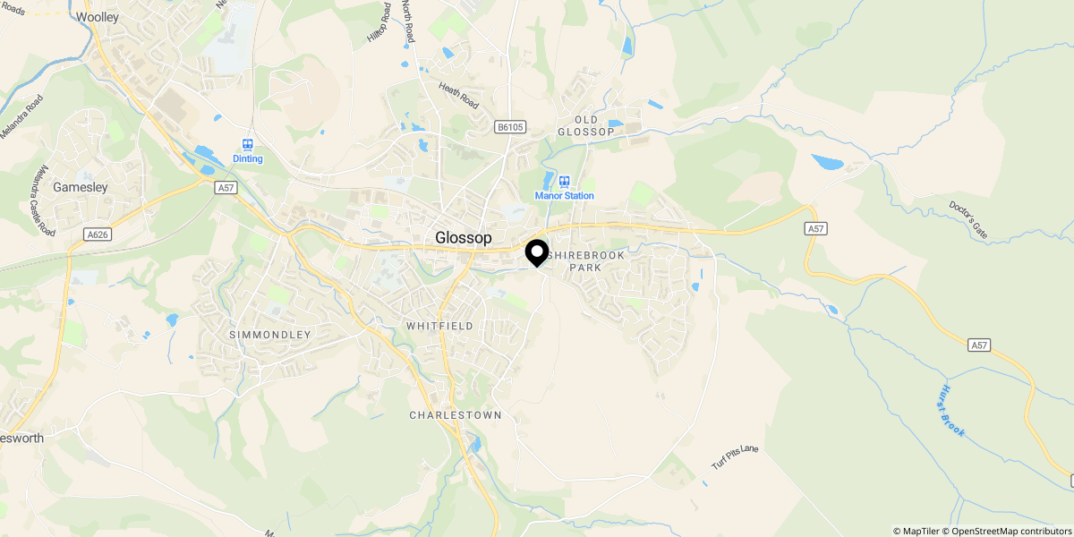Approximate location of Glossop Brook View, Glossop, SK13 8BF