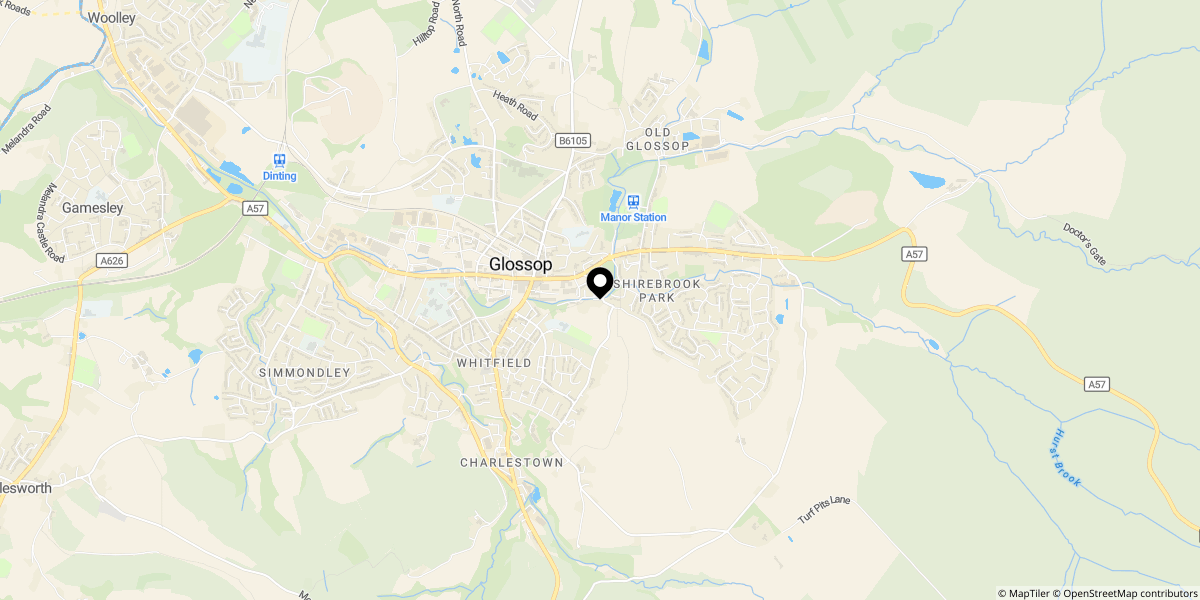 Approximate location of Glossop Brook View, Glossop, SK13 8BF