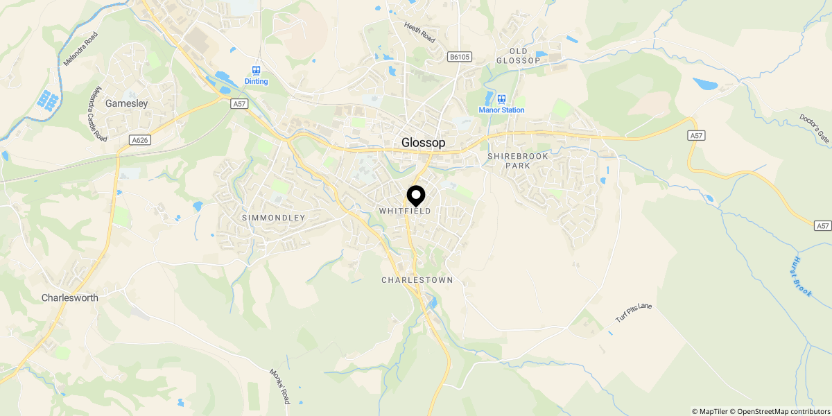 Approximate location of St. Marys Road, Glossop, SK13 8JB