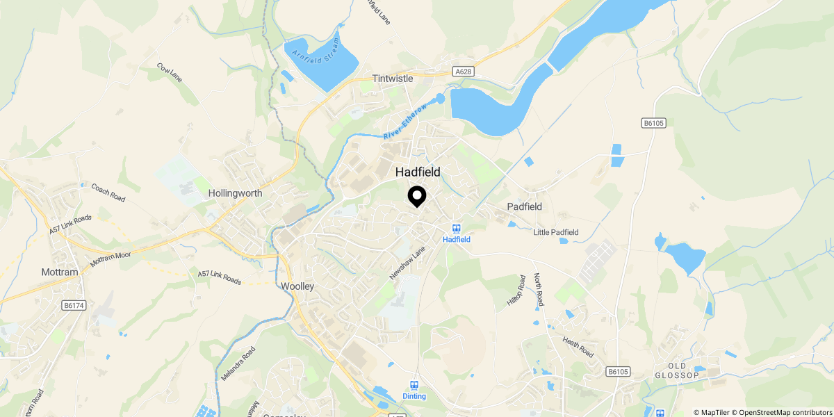 Approximate location of Kiln Lane, Hadfield, Glossop, SK13 1AU